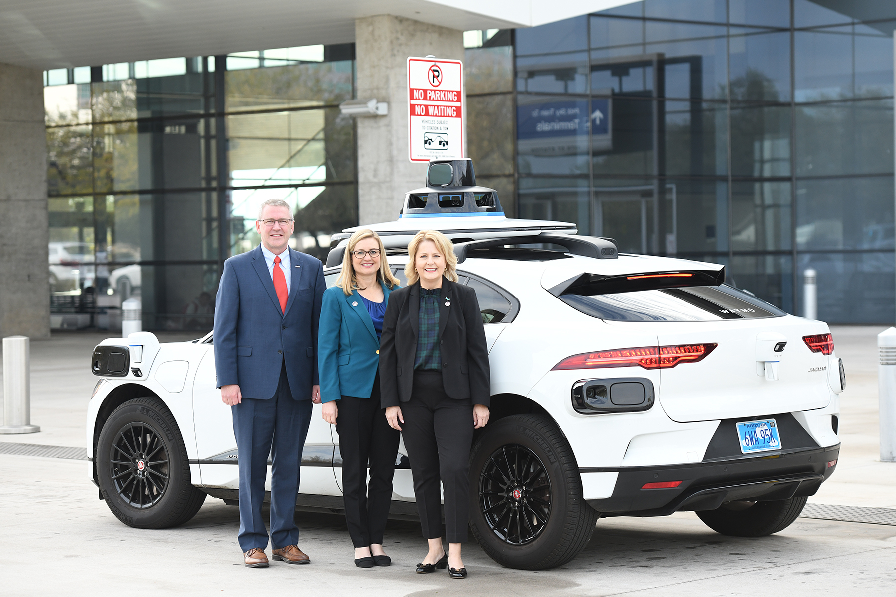 Director of Aviation Services Chad Makovsky, Phoenix Mayor Kate Gallego, and Waymo’s Global Head of Policy and Government Relations Michelle Peacock arrive to Phoenix Sky Harbor via a Waymo autonomous vehicle. 
